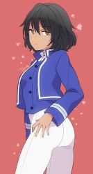 Rule 34 | 10s, 1girl, adapted uniform, andou (girls und panzer), artist name, bc freedom military uniform, black hair, blue jacket, blue vest, brown eyes, closed mouth, cowboy shot, dark-skinned female, dark skin, dress shirt, from side, girls und panzer, half-closed eyes, high collar, jacket, light frown, long sleeves, looking at viewer, medium hair, messy hair, military, military uniform, pants, red background, shirt, signature, simple background, solo, sparkle, standing, tam a mat, uniform, vest, white pants, white shirt