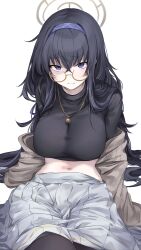 Rule 34 | 1girl, absurdres, allze, alternate breast size, black hair, black pantyhose, blue archive, blue hairband, breasts, cardigan, cropped shirt, glasses, grey cardigan, hairband, halo, highres, jewelry, large breasts, long hair, looking at viewer, navel, necklace, pantyhose, pleated skirt, purple eyes, shirt, simple background, skirt, solo, taut clothes, taut shirt, ui (blue archive), very long hair, white background, white skirt, yellow-framed eyewear