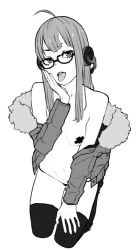 Rule 34 | 1girl, ahoge, breasts, female focus, glasses, greyscale, headphones, jacket, kneeling, long hair, looking at viewer, monochrome, off shoulder, open mouth, panties, pasties, persona, persona 5, sakura futaba, small breasts, solo, thighhighs, tongue, tongue out, underwear, wabaki