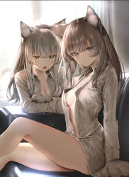 Rule 34 | 2girls, :o, animal ears, animal hands, backlighting, breasts, brown eyes, cleavage, expressionless, gloves, grey hair, grey shirt, indoors, kouyafu, long hair, long sleeves, looking at viewer, medium breasts, multiple girls, naked shirt, open clothes, open mouth, open shirt, original, paw gloves, shirt, siblings, sitting, slit pupils, thighs, twins