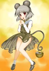 Rule 34 | 1girl, animal ears, bad id, bad pixiv id, basket, blush, female focus, full body, gradient background, grey hair, highres, legs, mouse (animal), mouse ears, mouse tail, nazrin, no panties, red eyes, short hair, solo, tail, touhou, yoshimo