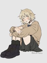 Rule 34 | 1girl, black footwear, blonde hair, blush, brown sweater, dungeon meshi, falin touden, full body, green socks, highres, hugging own legs, just a pot, long sleeves, looking at viewer, open mouth, sitting, socks, solo, sweater, yellow eyes