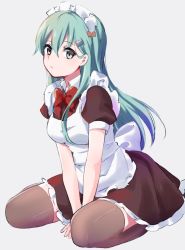 Rule 34 | 10s, 1girl, alternate costume, apron, aqua eyes, aqua hair, between legs, breasts, brown thighhighs, commentary request, enmaided, frills, hair between eyes, hair ornament, hairclip, hand between legs, ica, kantai collection, long hair, looking at viewer, maid, maid apron, maid headdress, puffy sleeves, short sleeves, sitting, solo, suzuya (kancolle), thighhighs