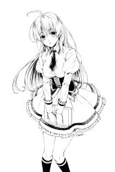 Rule 34 | 1girl, ahoge, black socks, book, breasts, collared shirt, corset, dress, frilled dress, frills, greyscale, hair between eyes, highres, holding, holding book, juliet sleeves, kneehighs, knees together feet apart, large breasts, long sleeves, looking at viewer, monochrome, necktie, original, parted lips, puffy sleeves, shirt, socks, solo, standing, tokki, v arms