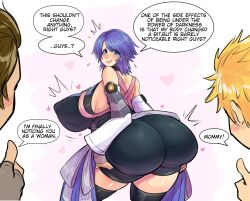 Rule 34 | 1girl, 2boys, aqua (kingdom hearts), ass, ass focus, bare shoulders, bike shorts, black shorts, blonde hair, blue eyes, blue hair, blush, breasts, brown hair, detached sleeves, embarrassed, fingerless gloves, from behind, gloves, highres, huge ass, kingdom hearts, large breasts, leaning, leaning forward, looking back, multiple boys, open mouth, pinkkoffin, short hair, short shorts, shorts, showgirl skirt, sideboob, smile, terra (kingdom hearts), thick thighs, thighhighs, thighs, thumbs up, ventus (kingdom hearts)