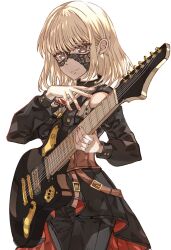 Rule 34 | 1girl, bang dream!, bang dream! it&#039;s mygo!!!!!, black mask, black pants, black shirt, black skirt, blonde hair, brown corset, chinese commentary, closed mouth, commentary request, corset, earrings, grey eyes, hand up, highres, holding, holding instrument, instrument, jewelry, junjun (kimi-la), long sleeves, looking at viewer, mask, masquerade mask, medium hair, misumi uika, pants, shirt, simple background, skirt, solo, stud earrings, white background