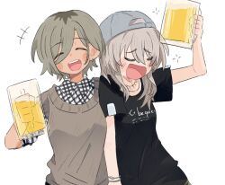 Rule 34 | 2girls, alcohol, beer, beer mug, black shirt, blush, closed eyes, collared shirt, commentary, cup, dotty-44, drunk, earrings, girls band cry, grey hair, grey sweater vest, hair between eyes, hand on another&#039;s shoulder, highres, holding, holding cup, jewelry, kawaragi momoka, long hair, long hair between eyes, mole, mole under eye, mug, multicolored hair, multiple girls, open mouth, plaid, plaid shirt, roots (hair), rupa (girls band cry), shirt, short hair, short sleeves, simple background, sweater vest, symbol-only commentary, teeth, u u, upper teeth only, white background, white shirt