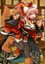 Rule 34 | 1girl, animal ears, bell, black thighhighs, breasts, cleavage, collar, fate/grand order, fate (series), fox ears, fox tail, game cg, lowres, neck bell, solo, tail, tamamo (fate), tamamo cat (fate), tamamo cat (first ascension) (fate), thighhighs, wada arco