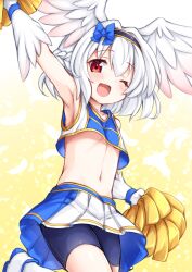 Rule 34 | 1boy, :d, absurdres, arm up, armpits, bike shorts, blue bow, blush, bow, cheerleader, commentary request, crop top, crossdressing, feathered wings, feet out of frame, hair bow, head wings, highres, kinomiki nobori, leg up, midriff, navel, one eye closed, open mouth, original, pleated skirt, pom pom (cheerleading), red eyes, short hair, skirt, smile, solo, talons, trap, white hair, white wings, wings, wristband