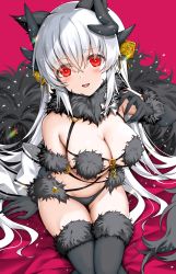 Rule 34 | animal ears, breasts, cosplay, dragon girl, dragon horns, elbow gloves, fate/grand order, fate (series), fur-trimmed gloves, fur-trimmed legwear, fur bikini, fur collar, fur trim, gloves, halloween, halloween costume, highres, horns, kiyohime (fate), kiyohime (third ascension) (fate), large breasts, long hair, looking at viewer, mash kyrielight, mash kyrielight (dangerous beast), mash kyrielight (dangerous beast) (cosplay), morizono shiki, multiple horns, o-ring, o-ring top, official alternate costume, red eyes, revealing clothes, solo, tail, white hair, wolf ears, wolf girl, wolf tail