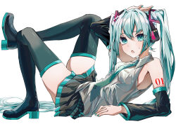 Rule 34 | 1girl, absurdres, aqua eyes, aqua hair, aqua nails, bare shoulders, blush, boots, breasts, commentary request, detached sleeves, hatsune miku, headset, high heels, highres, looking at viewer, lying, necktie, on back, open mouth, pleated skirt, ramika (ramika0606), skirt, small breasts, solo, sweatdrop, tattoo, thigh boots, twintails, vocaloid