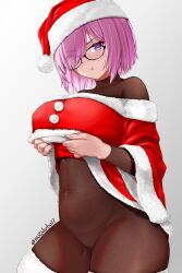 1girl blush bodystocking breasts covered_navel dress fate/grand_order fate_(series) fur-trimmed_dress fur-trimmed_headwear fur_trim glasses hat highres large_breasts long_sleeves looking_at_viewer mash_kyrielight motokebo17 pink_hair pout purple_eyes red_dress red_hat santa_dress santa_hat short_hair solo