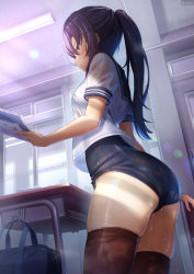 Rule 34 | 1girl, artist name, ass, bag, blouse, blue eyes, blue one-piece swimsuit, blush, book, breasts, brown thighhighs, chair, classroom, day, desk, dobunezumi, from side, hair between eyes, hair ornament, highres, holding, holding book, light, light particles, long hair, medium breasts, no pants, one-piece swimsuit, open mouth, original, ponytail, purple hair, sailor collar, school bag, school swimsuit, school uniform, see-through, serafuku, shirt, short sleeves, sidelocks, skindentation, solo, standing, swimsuit, swimsuit under clothes, thighhighs, thighs, tsurime, wet, wet clothes, white shirt, x hair ornament