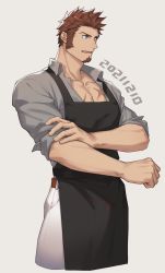 Rule 34 | 00047, 1boy, absurdres, apron, bara, black apron, blue eyes, brown hair, cross scar, facial hair, fate/grand order, fate (series), goatee, grey shirt, highres, large pectorals, male focus, muscular, muscular male, napoleon bonaparte (fate), open mouth, pants, pectorals, scar, scar on chest, shirt, short hair, sideburns, sleeves rolled up, solo, white pants