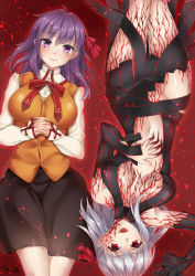Rule 34 | 2girls, :d, black dress, black gloves, black skirt, breasts, buttons, center opening, closed mouth, cross print, dark persona, dark sakura, dress, dress shirt, dual persona, eyebrows, fate/stay night, fate (series), gloves, glowing, groin, hair ribbon, halterneck, interlocked fingers, kagami com, large breasts, long hair, long sleeves, looking at viewer, matou sakura, multiple girls, navel, no panties, open mouth, own hands together, purple eyes, purple hair, red background, red eyes, red ribbon, ribbon, shiny skin, shirt, signature, silver hair, single glove, skirt, smile, stomach, thigh gap, upside-down, veins, vest, white shirt