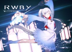 Rule 34 | 1girl, blue eyes, character name, copyright name, dress, holding sword, izumi sai, long hair, one eye closed, ponytail, rapier, rwby, scar, side ponytail, solo, sword, weapon, weiss schnee, white hair