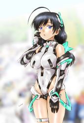Rule 34 | 1girl, :o, ahoge, alternate costume, alternate hairstyle, artist name, black hair, blue eyes, blurry, blurry background, breasts, commentary request, covered navel, cowboy shot, elbow gloves, gauntlets, girls und panzer, gloves, hair ornament, hand on own face, highleg, highleg leotard, highres, hiyama yuu (wee259hiyama), impossible clothes, impossible leotard, isuzu hana, large breasts, leotard, long hair, looking at viewer, low twintails, open mouth, partial commentary, rakuen tsuihou, signature, solo, standing, twintails, white gloves, white leotard