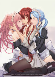 Rule 34 | 3girls, blue hair, breasts, breath, cleavage, felicia (fire emblem), fff threesome, fire emblem, fire emblem fates, flora (fire emblem), french kiss, group sex, highres, hug, kiss, large breasts, maid, maid headdress, medium breasts, multiple girls, nintendo, off shoulder, pantyhose, pink hair, ponytail, red hair, selena (fire emblem fates), shimaidon (sex), shiro font, siblings, sisters, thighhighs, threesome, tongue, tongue out, undressing, yuri