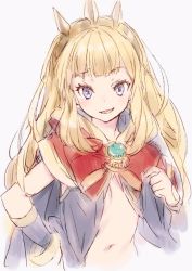 Rule 34 | 10s, 1girl, blonde hair, blush, bracelet, cagliostro (granblue fantasy), cape, crown, granblue fantasy, hairband, hand on own hip, jewelry, kawata hisashi, long hair, looking at viewer, navel, open mouth, purple eyes, simple background, sketch, smile, solo, white background