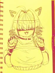 Rule 34 | 1girl, :d, ahoge, breasts, cellbus-chan, crop top, crop top overhang, cropped sweater, elegg (nikke), fang, goddess of victory: nikke, hair intakes, hair over eyes, highres, large breasts, long bangs, long sleeves, monochrome, navel, open mouth, paw pose, short hair, smile, solo, traditional media