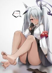Rule 34 | 1girl, absurdres, armband, barefoot, blue archive, feet, grey hair, highres, iori (blue archive), light blush, long hair, pointy ears, red armband, red eyes, unworn socks, soles, toes, twintails, yanwulazy