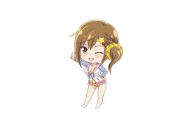 Rule 34 | 1girl, absurdres, arm up, artist request, bare legs, barefoot, bikini, blush, breasts, brown eyes, brown hair, chibi, cleavage, dead or alive, dead or alive xtreme, full body, hair ornament, hand on own hip, highres, index finger raised, jacket, jewelry, long sleeves, looking at viewer, medium breasts, misaki (doa), necklace, official art, one eye closed, pointing, pointing up, ponytail, side ponytail, simple background, smile, solo, standing, star (symbol), star hair ornament, swimsuit, white background, x hair ornament