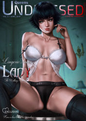 Rule 34 | 1girl, abs, babydoll, black hair, black panties, black thighhighs, blurry, blurry background, breasts, cameltoe, capcom, character name, cleavage, collarbone, cover, dandon fuga, devil may cry (series), green eyes, twirling hair, heterochromia, highres, lady (devil may cry), legs, looking to the side, magazine cover, navel, off shoulder, panties, red eyes, scar, short hair, sitting, sitting on person, solo, spread legs, stomach, strap slip, thighhighs, thighs, toned, underwear, view between legs