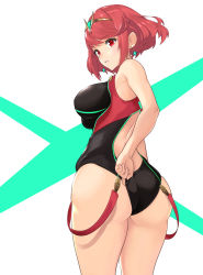 Rule 34 | 1girl, adjusting clothes, adjusting swimsuit, ass, bad id, bad pixiv id, breasts, clothes pull, competition swimsuit, cowboy shot, dolling60883582, dollinger, earrings, from behind, highres, jewelry, large breasts, looking back, nintendo, one-piece swimsuit, one-piece swimsuit pull, parted lips, pyra (pro swimmer) (xenoblade), pyra (xenoblade), red eyes, red hair, short hair, solo, swept bangs, swimsuit, thighs, tiara, xenoblade chronicles (series), xenoblade chronicles 2