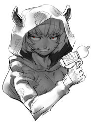 Rule 34 | androgynous, bad id, bad pixiv id, chyko7080, gender request, greyscale, grin, hood, horns, monochrome, red eyes, sketch, smile, solo, spot color