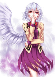 Rule 34 | 1girl, absurdres, angel wings, arm at side, arm rest, bad id, bad pixiv id, bow, braid, breasts, brooch, brown jacket, cowboy shot, dress, expressionless, eyes visible through hair, french braid, grey wings, hair between eyes, hand to own mouth, highres, jacket, jewelry, kishin sagume, long sleeves, looking at viewer, medium breasts, purple dress, red eyes, sheya, short dress, short hair, silver hair, single wing, solo, standing, thighs, touhou, wings