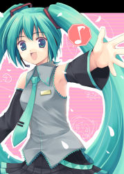Rule 34 | 1girl, :d, aqua hair, arm at side, armpits, black skirt, blush, cat, chibi, chibi inset, collared shirt, detached sleeves, grey shirt, hair ornament, hatsune miku, headphones, headset, hexagon, hinooka shuuji, long hair, microphone, miniskirt, musical note, necktie, open mouth, outstretched arm, petals, pink background, pleated skirt, quaver, shirt, skirt, smile, solo, speech bubble, spoken musical note, spread fingers, striped, striped background, twintails, upper body, very long hair, vocaloid