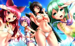 Rule 34 | 4girls, alternate breast size, alternate hairstyle, animal ears, bell, neck bell, bikini, black hair, blush, bow, breast envy, breasts, cat ears, cleavage, collar, double v, covered erect nipples, fang, green eyes, green hair, hair bow, heart, heart-shaped pupils, highres, kaenbyou rin, kezune (i- -i), komeiji koishi, komeiji satori, large breasts, long hair, looking at viewer, multiple girls, navel, one-piece swimsuit, open mouth, purple eyes, purple hair, red eyes, red hair, reiuji utsuho, salute, side-tie bikini bottom, small breasts, smile, sunglasses, swimsuit, symbol-shaped pupils, tears, third eye, touhou, v, wings