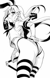 Rule 34 | 10s, 1girl, anchor hair ornament, ass, backless panties, bare shoulders, greyscale, hair ornament, hair ribbon, highleg, highleg panties, kantai collection, long hair, looking at viewer, midriff, monochrome, no pants, open mouth, panties, ribbon, shimakaze (kancolle), solo, striped clothes, striped thighhighs, thighhighs, thighs, translation request, underwear, uousa-ou