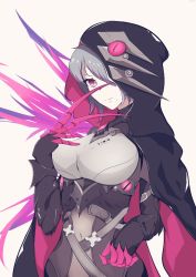 Rule 34 | 1girl, blue hair, bodysuit, cape, clawed gauntlets, commentary request, hair over one eye, honkai (series), honkai impact 3rd, hood, hooded cape, medium hair, mole, mole under mouth, purple eyes, raven (honkai impact), skin tight, smile, solo, wugg