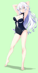 Rule 34 | 1girl, armpits, arms up, bare arms, bare legs, bare shoulders, barefoot, black heart (neptunia), blue eyes, blush, breasts, cleavage, full body, green background, highres, iwashi dorobou -r-, long hair, looking at viewer, medium breasts, neptune (series), simple background, smile, solo, symbol-shaped pupils, very long hair, white hair