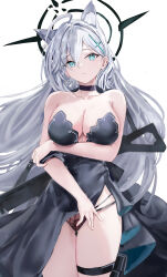 1girl absurdres age_fx animal_ear_fluff animal_ears arm_under_breasts black_choker black_dress blue_archive blue_eyes breasts broken_halo choker cleavage cross_hair_ornament dress extra_ears grey_hair hair_between_eyes hair_ornament halo highres large_breasts long_hair long_sleeves looking_at_viewer mismatched_pupils panties parted_lips shiroko_(blue_archive) shiroko_terror_(blue_archive) solo thigh_gap thigh_strap thighs underwear wolf_ears