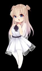 Rule 34 | 1girl, black background, black bow, black footwear, blue eyes, blush, bow, chestnut mouth, double bun, dress, hair between eyes, hair bun, hands up, heart, heart-shaped pupils, highres, light brown hair, long hair, nose blush, original, pantyhose, parted lips, pleated dress, see-through, see-through sleeves, simple background, solo, symbol-shaped pupils, very long hair, white dress, white pantyhose, zzb