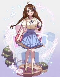 Rule 34 | 1girl, ahoge, bag, blouse, blush, bow, braid, brown eyes, brown hair, bug, butterfly, chain, city, flower, freckles, glasses, hair ornament, hairclip, ich., idolmaster, idolmaster cinderella girls, idolmaster cinderella girls starlight stage, insect, long hair, okuyama saori, open mouth, pavement, screen, scrunchie, shirt, shoulder bag, skirt, solo, tree, twin braids