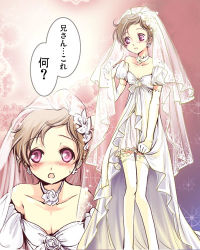 Rule 34 | 1boy, blush, bridal veil, bride, brown hair, code geass, crossdressing, dress, earrings, elbow gloves, gloves, jewelry, lowres, male bride, male focus, one-piece swimsuit, open mouth, purple eyes, rolo lamperouge, short hair, solo, swimsuit, thighhighs, trap, veil, wedding dress, white gloves, white one-piece swimsuit, white thighhighs