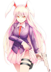 Rule 34 | 1girl, absurdres, animal ears, blazer, breasts, clothes lift, desert eagle, gun, handgun, highres, holding, holster, jacket, large breasts, long hair, looking at viewer, mikoma sanagi, miniskirt, necktie, no panties, pink hair, pistol, pleated skirt, rabbit ears, red eyes, red necktie, reisen udongein inaba, simple background, skirt, skirt lift, smile, solo, thigh holster, thigh strap, touhou, trigger discipline, very long hair, weapon, white background