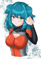 Rule 34 | amaiami (artist), aria rin, blue eyes, blue hair, breasts, highres, indie virtual youtuber, large breasts, mecha pilot, original, plugsuit, short hair, smile, thick eyebrows, virtual youtuber