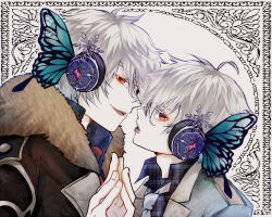 Rule 34 | 2boys, ahoge, asuta1102, butterfly wings, facing another, frost (yume-100), headphones, insect wings, looking at viewer, magnet (vocaloid), male focus, multiple boys, open mouth, red eyes, schnee (yume-100), short hair, smile, snowflakes, vocaloid, white background, white hair, wings, yume oukoku to nemureru 100-nin no ouji-sama