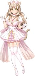 Rule 34 | 1girl, amrita (artwhirl), animal ears, artwhirl mahou gakuen no otome-tachi, blunt bangs, breasts, cat ears, cat girl, cat tail, cleavage, dress, full body, garter straps, gloves, hat, highres, kimura kitaka, large breasts, layered dress, light brown hair, long hair, looking at viewer, multicolored clothes, multicolored dress, nurse cap, pink dress, short dress, short sleeves, solo, standing, stethoscope, tachi-e, tail, thighhighs, transparent background, very long hair, white dress, white footwear, white gloves, yellow eyes, zettai ryouiki