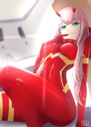 Rule 34 | 10s, 1girl, artist name, blue eyes, bodysuit, breasts, covered navel, darling in the franxx, female focus, finger to mouth, half-closed eyes, hand up, horns, indoors, long hair, looking at viewer, medium breasts, pink hair, rilex lenov, sitting, smile, solo, text focus, watermark, zero two (darling in the franxx)