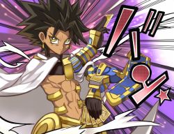 Rule 34 | 1boy, abs, brown gloves, brown hair, cape, card, dark skin, dark-skinned male, duel disk, fate/grand order, fate (series), gloves, holding, holding card, looking at viewer, male focus, ozymandias (fate), parody, shino (eefy), solo, spiked hair, takahashi kazuki (style), white cape, yu-gi-oh!