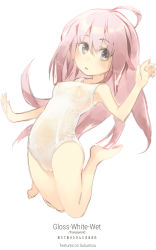 Rule 34 | 1girl, ahoge, barefoot, blush, breasts, brown eyes, covered erect nipples, highres, jumping, konno takashi (frontier pub), long hair, looking at viewer, nipples, one-piece swimsuit, open mouth, original, pink hair, school swimsuit, see-through, small breasts, solo, swimsuit, wet, wet clothes, wet swimsuit, white school swimsuit, white one-piece swimsuit