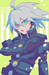 Rule 34 | 1boy, :o, ahoge, android, armor, black gloves, black jacket, commentary request, danganronpa (series), danganronpa v3: killing harmony, dated, gloves, grey hair, hair between eyes, hand up, jacket, k1-b0, male focus, open mouth, power armor, sasakama (sasagaki01), short hair, solo, squinting, star (symbol), star print, upper body, yellow background