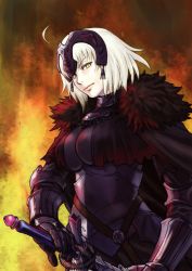 Rule 34 | 1girl, ahoge, azasuke, blonde hair, breasts, closed mouth, fate/grand order, fate (series), fiery background, fire, gauntlets, headpiece, holding, holding sword, holding weapon, jeanne d&#039;arc (fate), jeanne d&#039;arc alter (avenger) (fate), jeanne d&#039;arc alter (fate), large breasts, looking at viewer, medium hair, solo, sword, upper body, weapon