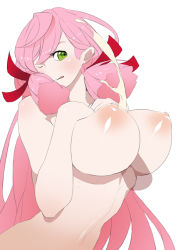 Rule 34 | 10s, 1girl, :q, akashi (kancolle), breast suppress, breasts, cum, ejaculation, green eyes, huge breasts, ion (cation), kantai collection, long hair, navel, nipples, nude, one eye closed, paizuri, penis, pink hair, simple background, solo, tongue, tongue out, very long hair, white background, wink