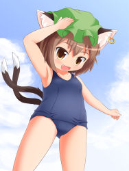 Rule 34 | 1girl, animal ears, armpits, bare arms, bare legs, bare shoulders, blue sky, blush, brown eyes, brown hair, cat ears, chen, child, cloud, collarbone, day, earrings, fang, from below, gluteal fold, hat, highres, jewelry, looking at viewer, looking down, mob cap, multiple tails, one-piece swimsuit, open mouth, outdoors, sky, standing, swimsuit, tail, touhou, w-tuna